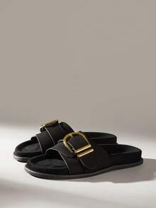 Women's Fashion Brown Comfortable Flat Beach Sandals For Christmas Summer Shoes - Black - View 3