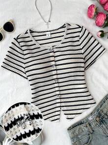 SHEIN Áo croptop dệt kim họa tiết sọc ôm sát dành cho thiếu nữ, xẻ tà phía trước, khóa kim loại và nơ trang trí, trang phục thường ngày thanh lịch cho kỳ nghỉ xuân/hè. - Nhiều màu - Xem 3