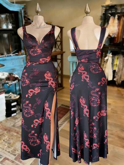 SHEIN Raffinéa Women's Black Printed Dress, Sexy Deep V-Neck Slip Dress, Long Slit, Fitted Slip Dress With Pleated Straps, Suitable For Summer, Women's Summer Outfits, Summer Vacation Outfits, Bachelorette Parties, Casual Dresses, Long Casual Dresses, Women's Vacation Outfits, Valentine's Day Dresses, Summer, Women's Elegant Dresses, Outing Outfits, Women's Beach Dresses, Carnival, 2026 Carnival Women's Looks, Women's Wedding Guest Dresses, And Other Women's Dress Combinations.Turkish Abaya, Arab Long Robe Fall Summer For Women