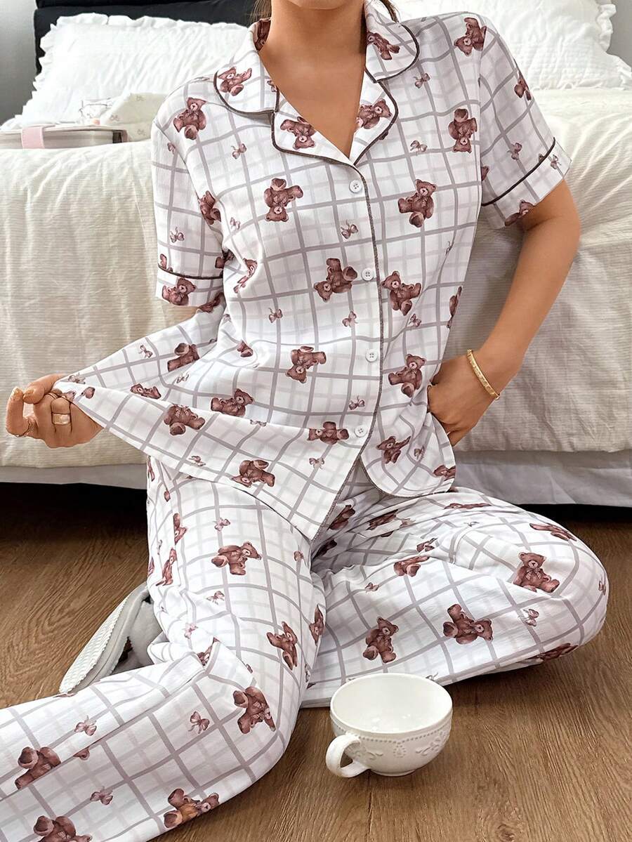 Napfluff Conjunto de pijama con estampado de oso escocés, conjunto de pijama de oso de peluche, conjunto de pijama a cuadros para primavera/verano, conjunto de pijama a cuadros escoceses, conjunto de pijama para mujer - Marrón - Ver 1