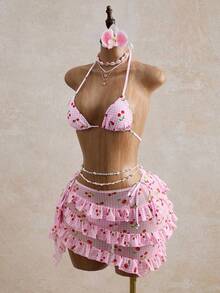 Bellisia Summer Sexy Butterfly & Orchid Floral Leopard Print Bikini & Cake Skirt 3 PiecesSet, Beach Vacation - Multicolor - View 4