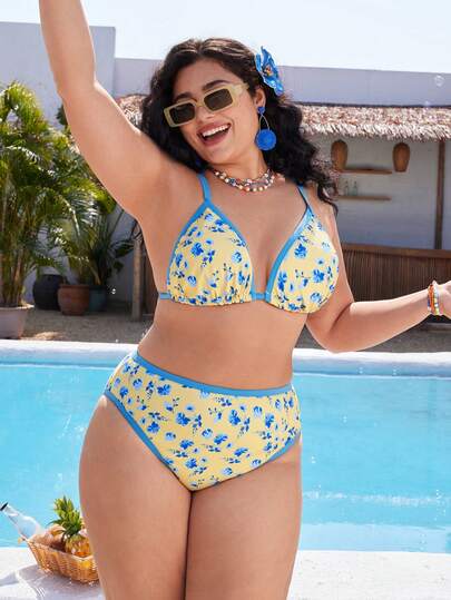 Swim Mod 2026 New Plus Size Women's Fresh Ditsy Floral Bikini, Sweet Contrast Color Strap Tankini, High Waist Slimming Beach Vacation Thermal Spring Swimsuit Set