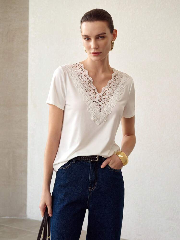 WOMEN'S CONTRAST LACE V NECK SHORT SLEEVE T-SHIRT
