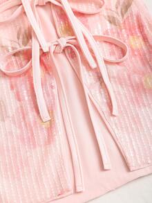 Sweetra Falda sexy y romántica para mujer con estampado floral, lentejuelas, lazo lateral y abertura alta, adecuada para la calle, el trabajo, primavera/verano - Rosa - Ver 6