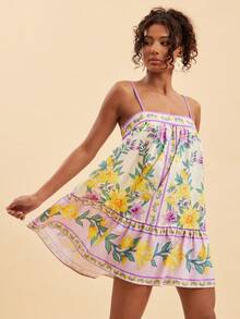 Travachic Spring/Summer Vacation Woven Printed Spaghetti Strap Women's Mini Dress - Multicolor - View 1