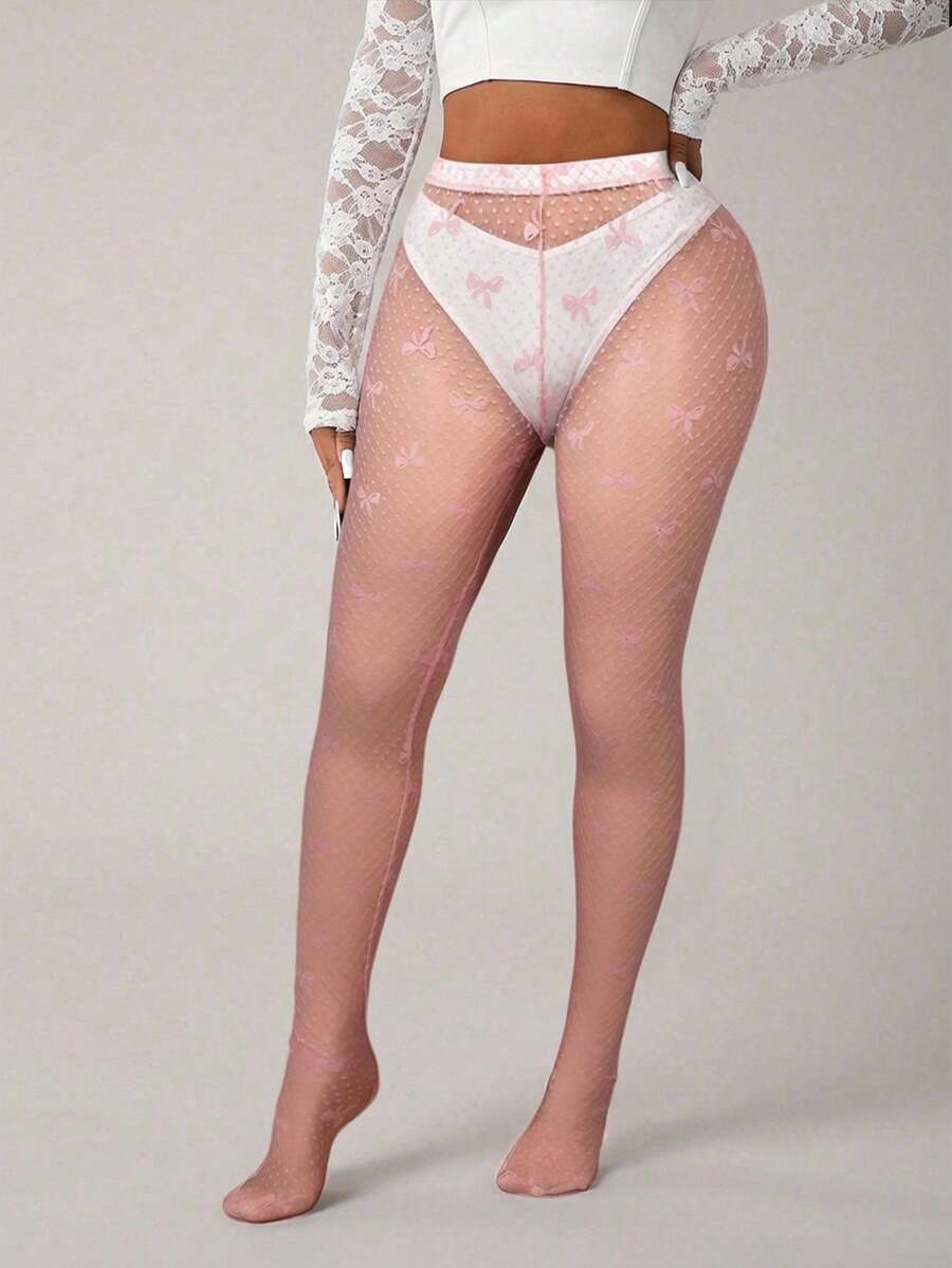 SHEIN SXY Women's Bow Tie Sheer Mesh Leggings - Pink - View 1