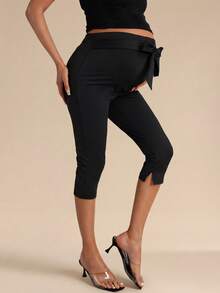 MaterniChic Maternity Clothes Maternity Pants Summer Pregnant Clothes Black Maternity Shorts, Capri Length, Slit, Slim Fit, And Elegant Tie-Up Design - Black - View 3