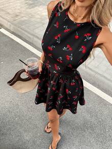 Pariaura Cherry Print Tie-Back Sleeveless Dress For Women - Black - View 7