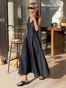 DAZY Vestido largo de mezclilla de estilo casual con diseño de cintura ceñida, cuello en V y sin mangas - Azul lavado oscuro - Ver 5