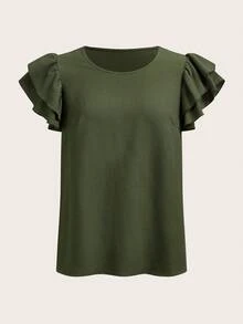 Rusticease Áo kiểu nữ cổ tròn màu trơn, kiểu dáng thường ngày, đa năng, thích hợp cho mùa hè. - xanh quân đội - Xem 6