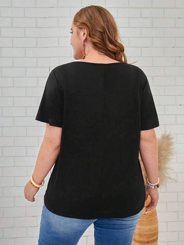 Plus Solid Notched Neck Tee,Spring/Summer/Vacation