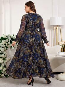 Reflora 大码优雅印花V领系腰连衣裙，秋季款 - 彩色 - 查看 10