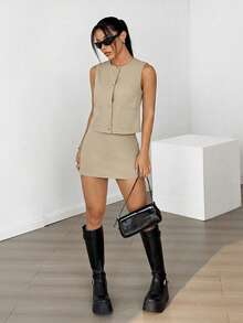SHEIN EZwear 女士卡其色单排扣背心和裙子休闲两件套 - 卡其色 - 查看 3