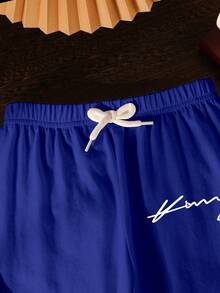 Bộ quần áo 2 món in chữ cho bé trai, áo thun cổ tròn màu đen và quần dài màu xanh thời trang và thoải mái, áo tay ngắn và quần dài cho bé trai, phù hợp cho mọi mùa. - Nhiều màu - Xem 3