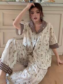 Dazy Plus Plus Size Dropped Shoulder Short Sleeve Button Front Bear Graphic Loose Pajama Set - Khaki - View 9