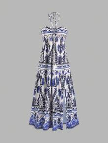 Sweetra Plant Print Backless Halter Neck Casual Vacation Dress For Women, Spring/Summer - Multicolor - View 1