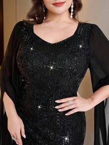 Modelyn 大码女式亮片网纱拼接超长袖派对连衣裙 - 黑色 - 查看 2