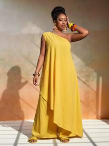 Blusa asimétrica amarilla + pantalón ancho: conjunto talla grande para primavera/verano 2026 - Amarillo - Ver 9