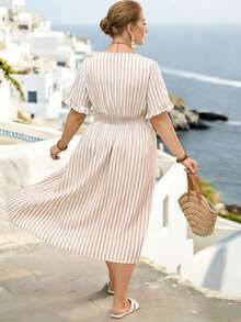 Parysyn 大码梭织条纹夏季女装连衣裙 - 卡其色 - 查看 3