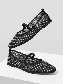 Mnmlis 女士网眼水钻单带玛丽珍芭蕾平底鞋，适合通勤、Y2K、朋克、时尚女孩、万圣节、圣诞节和派对装扮 - 黑色 - 查看 6