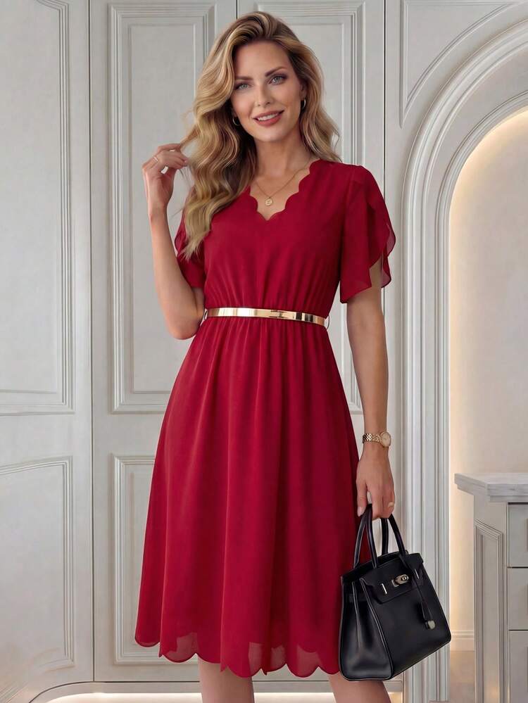 Elegant Burgundy Chiffon Midi Dress For Women Summer Spring Formal Party Dress With Scalloped Neckline And Ruffle Short Sleeves, Perfect For Wedding Guest, Prom, Birthday, Going Out,  Festival And Easter Occasions