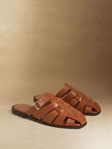 Rosivie 女鞋 女士编织纯色PU搭扣设计日常百搭平底凉鞋 - 棕色 - 查看 4