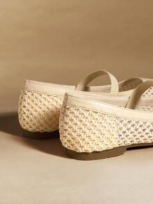 Rosivie 黑色网眼编织舒适简约透气弹力带女士平底鞋，优雅度假风和波西米亚风 - 編織網杏色 - 查看 5