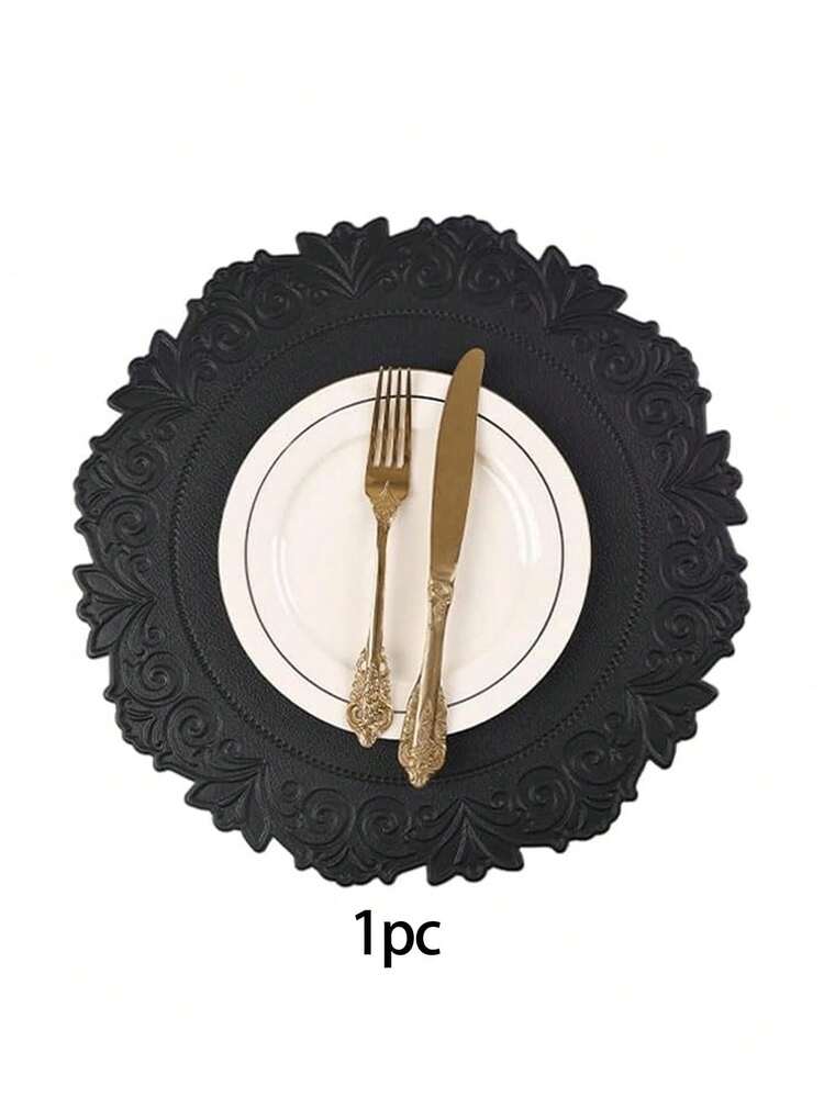 1PC/6PCS Black Thickened Vintage Lace Leather RoundPlacemats, Washable Heat Insulation Mats Suitable ForRestaurants, Hotels, Home - Black - View 8