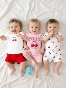 SHEIN 6pcs/Set Baby Girls' Casual Cute & Comfortable Cherry Pattern & Letter Print Short Sleeve Top And Shorts Set, Suitable For Spring/Summer Outings And Daily Wear, Overall Adorable And Comfortable - Multicolor - View 8
