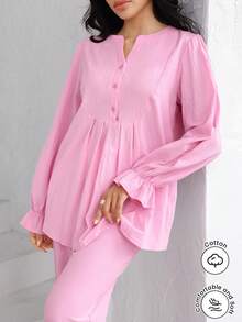 Modelyn 2pcs/Set V-Neck Button Front Cotton Shirt And Elongated Pants Pink Linen Mothers Day - Pink - View 4