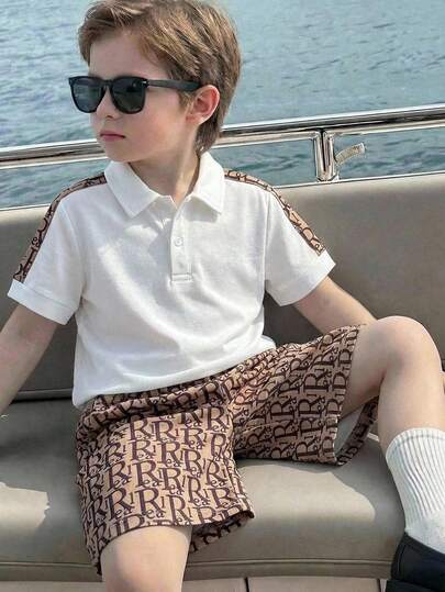 SHEIN 2pcs/Set Kids/Young Boys Casual Everyday Comfortable Fashion Contrast Color Patchwork Polo Shirt And Letter Print Shorts Set, Suitable For Spring/Summer, Daily Wear, Sports, Outings, School, Parties, Festivals, Photo Shoots
