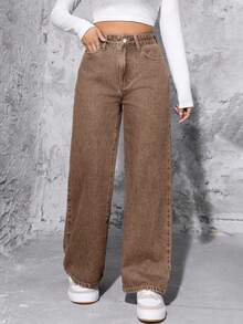 SHEIN PETITE Jeans rectos de cintura alta lavados de estilo casual para mujer - Café integral - Ver 7