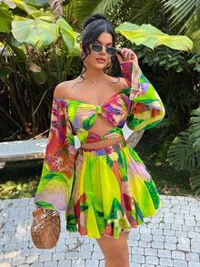 SHEIN SXY Women's Pink And Yellow Tropical Print Off-Shoulder Hollow Out Flare Sleeve Top And Skirt 2-Piece Set,Boho Vacation Beach Ibiza Autumn Summer Spring - Multicolor - View 6