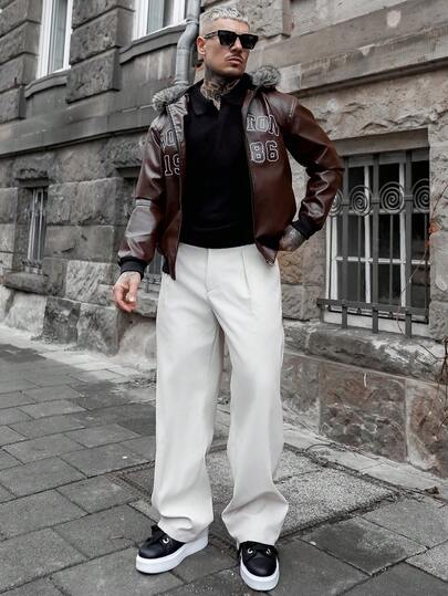 Artur Kramer 男士Y2K哥特风PU连帽拉链长袖夹克，绣有“Boston”和“1986”字样，人造毛领，秋冬时尚街头服饰，Glowmode出品，万圣节和返校季完美之选，送给男友的理想礼物，定制夹克，字母男士夹克，男士泡泡夹克