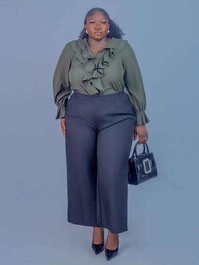 CurvyTilda 大码女式简约纯色荷叶边休闲度假宽松衬衫，春秋季