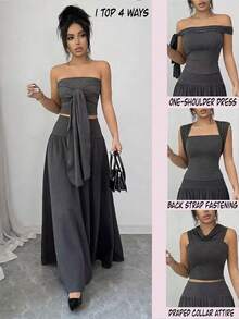 Franclia 2pcs Set: French Gray Strapless Crop Top & Mini Skirt - Dark Grey - View 1
