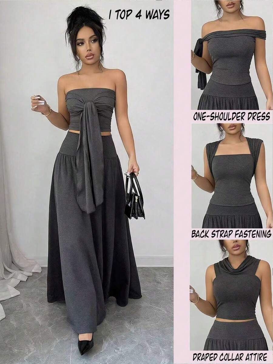 Franclia 2pcs Set: French Gray Strapless Crop Top & Mini Skirt - Dark Grey - View 1