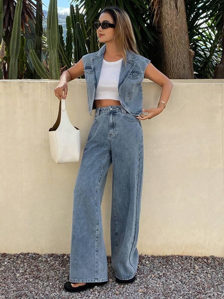 Women's Denim Vest With Collar & Loose Straight Leg Jeans Set, Casual Washed Denim Outfit