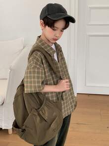 DAZY Áo sơ mi ngắn tay kẻ caro dáng casual cho bé trai tuổi teen, mùa hè. - Màu Khaki - Xem 6