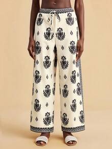 Travachic Women's Beach Vacation Floral Print Drawstring Waist Loose Wide Leg Cover Up & Pants Set - Multicolor - View 5
