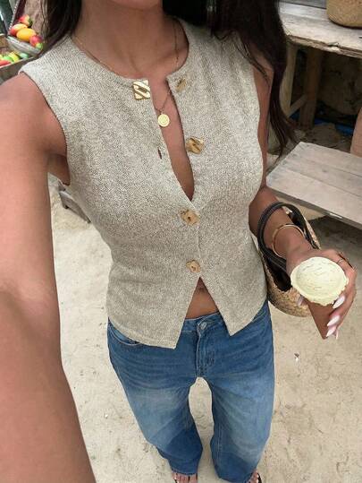 Aloruh فستان كاجوال أنيق للنساء للربيع والصيف، للارتداء في المكتب والتنقل، كنزة صوفية كنزة قطنية بدون أكمام مزخرفة بالأزهار شفافة باللونين المشمشي والخاكي، كنزة صوفية صيفية أنيقة بدون أكمام بياقة على شكل حرف V مزينة بأزرار معدنية