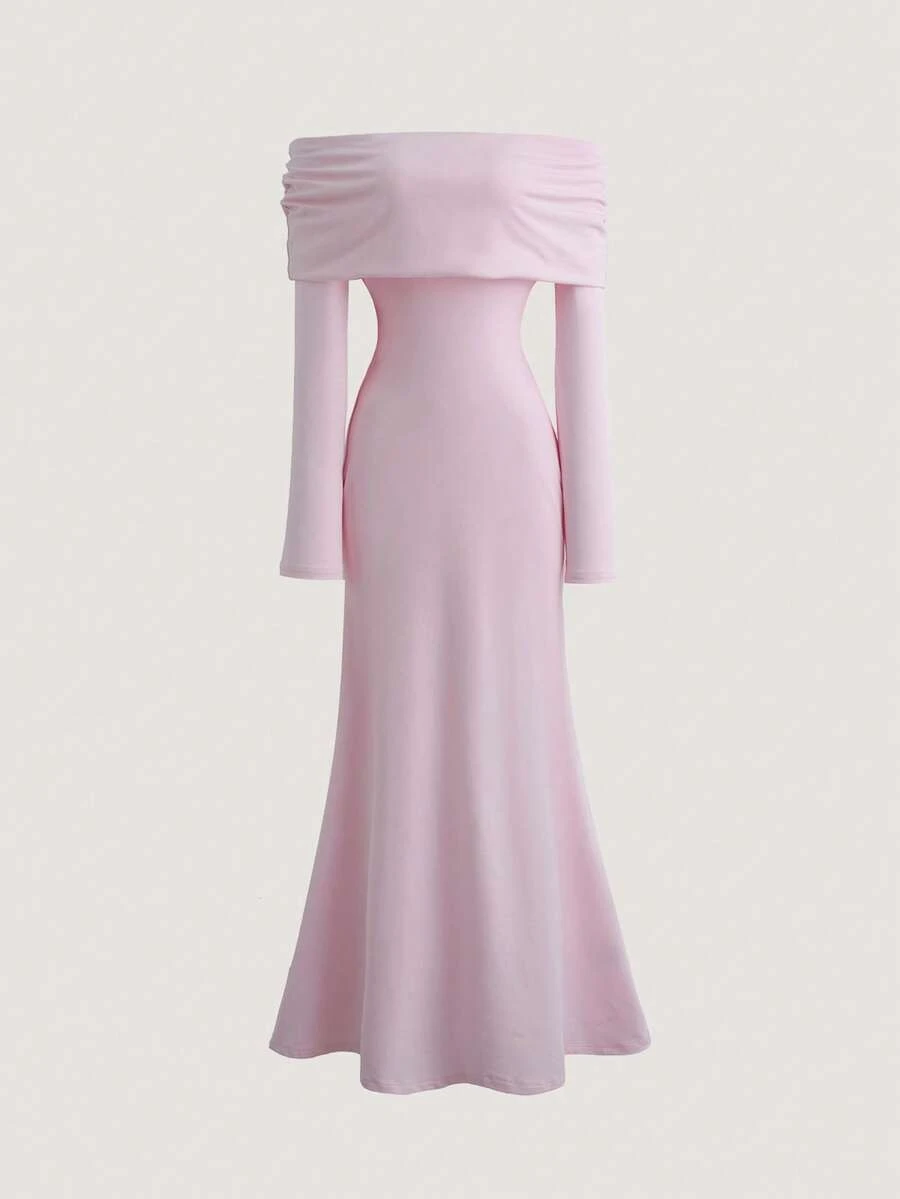 Olithes 性感优雅修身长袖收腰双层露肩扭结露背鱼尾下摆罗纹针织连衣裙，白色，秋冬款 - 粉色 - 查看 1