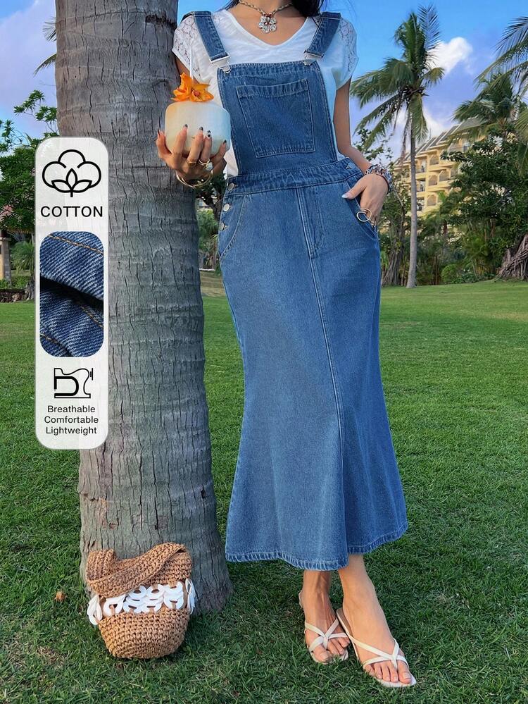 Women's Casual Washed Denim Pinafore Dress With Fish Tail, Spring/Summer