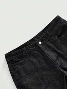 ROMWE MEN Casual 男士时尚不对称下摆牛仔短裤，夏季必备 - 藍色 - 查看 3