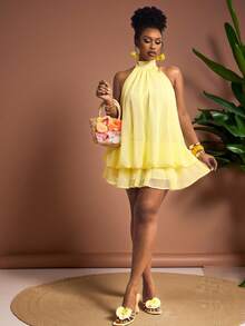 Truni 大码女士雪纺优雅奶油黄露背系带迷你连衣裙，约会之夜连衣裙，夜间外出连衣裙，夏季连衣裙，蜜月套装，婚礼宾客连衣裙，海岛度假连衣裙，婚礼宾客连衣裙，太阳裙，优雅派对连衣裙，生日连衣裙，柠檬黄束腰连衣裙，黄色沙滩装，沙滩度假套装，大码短款黄色连衣裙，层叠荷叶边连衣裙，吊带迷你连衣裙，爱与柠檬水连衣裙，飘逸短款吊带连衣裙，适合梨形和三角形身材 - 黃色 - 查看 7