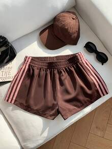 Comfortcana Quần short nữ kẻ sọc phối màu, kiểu dáng thường ngày, thích hợp cho mùa hè. - màu nâu - Xem 6