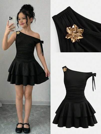 Firerie Kids Firerie Kids Vestido de patinadora sin mangas con hombro asimétrico, fruncido y decoración de rosa metálica para niña preadolescente, elegante princesa, atuendo formal, conjunto de hermanos, vestido de fiesta, vestido de cumpleaños de hermana, adecuado para uso diario, festivales, reuniones familiares y ocasiones especiales, estilo de hermanos, primavera/verano, vacaciones, lindo, elegante, dulce, retro, de moda. Combinable para mamá e hija, hermanas