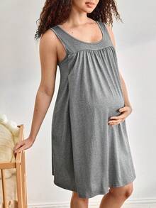 Moonlight&Mama Maternity Solid Color Pleated Casual Dress - Grey - View 1