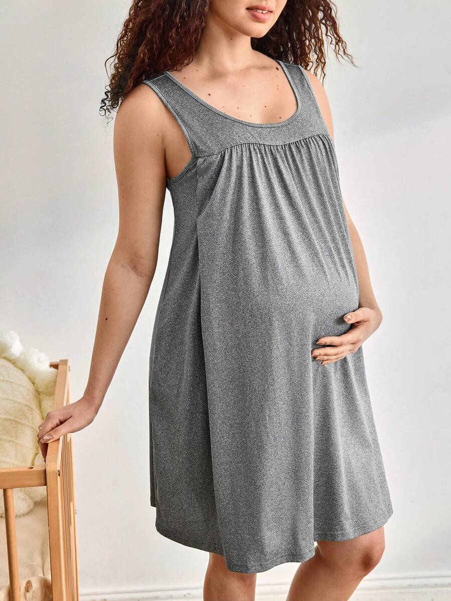 Moonlight&Mama Maternity Solid Color Pleated Casual Dress - Grey - View 1
