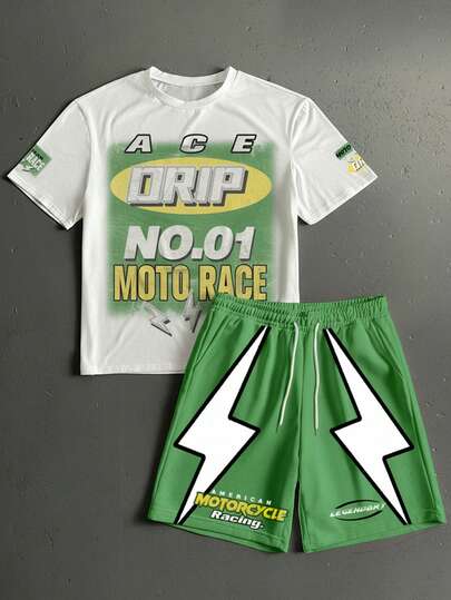 Manfinity ZONE917 Loose Street Sports Style Lightning Label NO.01 Contrast Color Short Sleeve T-Shirt And Shorts Set, Suitable For Summer, Sports Style, Gift For Friends